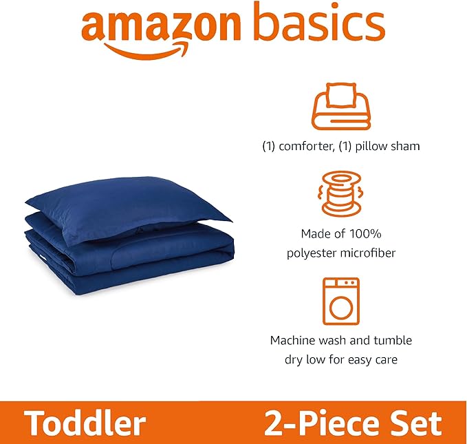 Amazon Basics 2 Piece Microfiber Kid's Comforter and Pillow Sham Set, Toddler, Navy, Solid