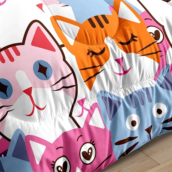 Cat Comforter Set Queen Size - 3Pcs Colorful Cat Bedding Set for Boys Girls Teens Cute Animals Themed Bedding Set Warm Ultra Soft Cartoon Cat Quilt Cover with 2 Pillowcases for Kids Room Decor