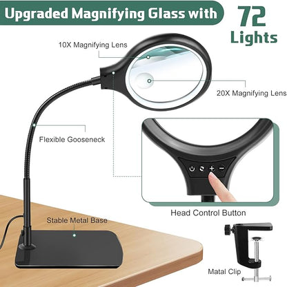 NZQXJXZ Large 2-in-1 Magnifying Glass with 72 LEDs Light and Stand 20X 10X Magnifying Lamp with Large Base and Clamp, 3 Color Modes and 10 Stepless Dimmable, Hands Free Desk Magnifier for Close Work