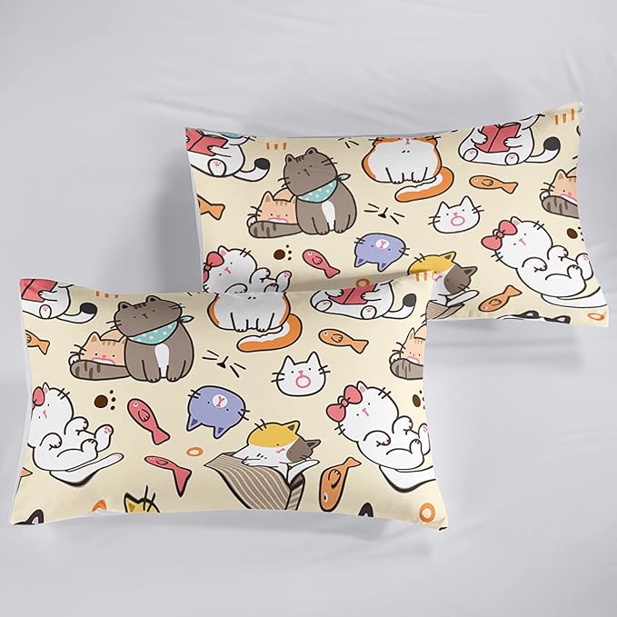 Kawaii Cat Comforter King,Kawaii Animals Comforter Set for Kids Teens Girls,3Pcs Bedding Set Printed Comforter with 2 Pillowcases,Down Alternative,Soft and Lightweight，King Size