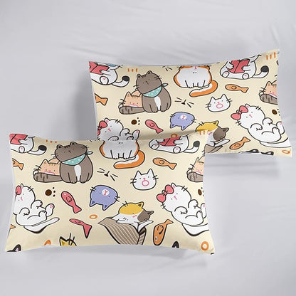 Kawaii Cat Comforter King,Kawaii Animals Comforter Set for Kids Teens Girls,3Pcs Bedding Set Printed Comforter with 2 Pillowcases,Down Alternative,Soft and Lightweight，King Size