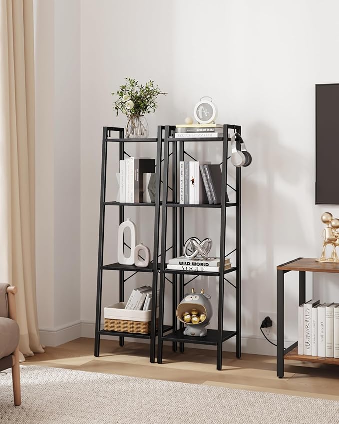 Ladder Shelf, Bookshelf Bookcase, Freestanding Corner Storage Shelve with 2 Hooks for Home Office, Living Room, Kitchen, Bedroom, Industrial, 4-Tier Black BC13204B