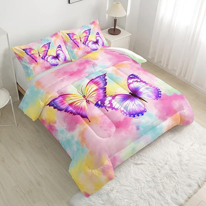 CVHOUSE Butterfly Bedding Set,Butterfly Comforter Twin,Butterfly Comforter Set for Girls Kids Teens,Butterflies Quilt Set with 1 Comforter and 2 Pillow Cases