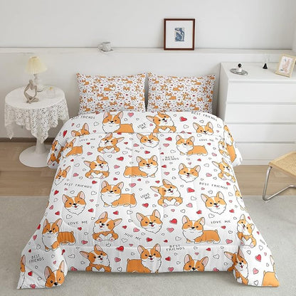 Kids Kawaii Corgi Comforter Set Toddler Cute Dog All Season Down Comforter Boys Girls Cartoon Puppy Dog Bedding Set Lovely Animal Quilt Set Room Decor 3Pcs with 2 Pillow Case Full Size