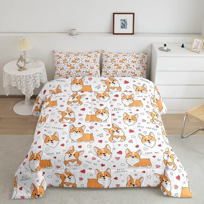 Feelyou Kids Kawaii Corgi Comforter Set Toddler Cute Dog All Season Down Comforter Boys Girls Cartoon Puppy Dog Bedding Set Lovely Animal Quilt Set Room Decor 2Pcs with 1 Pillow Case Twin Size