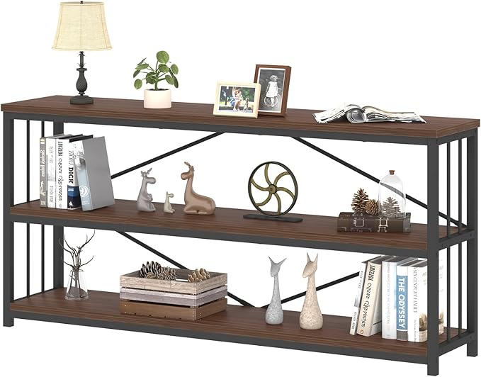 IBF Walnut Low Wide Bookcase, Vintage 63 Inch Long 3 Tier Open Book Shelf, Farmhouse Big Wood Metal sturdy Bookshelf Display Case, Simple Large Etagere Bookshelves for Home Living Room Office Bedroom