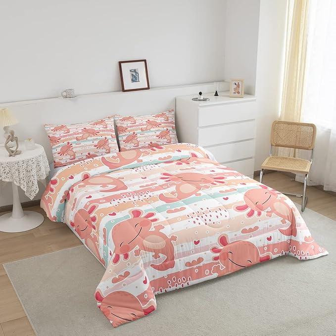 Manfei Cute Axolotl Comforter Set King Size,Rainbow Stripes Quilt Set,Animal Theme Bedding Comforters 3pcs for Kids Teens Girls Boys Room Decor,Pink Romantic Soft Duvet Set with 2 Pillowcases