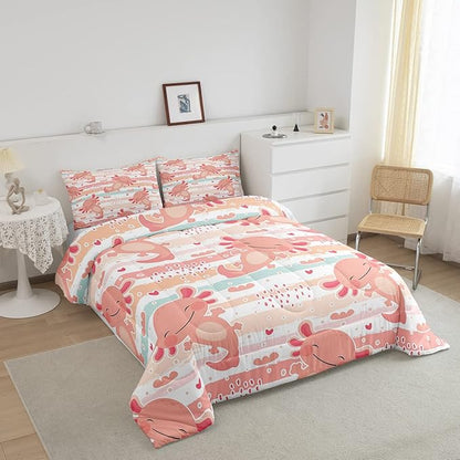 Cute Axolotl Comforter Set Queen Size Rainbow Stripes Quilt Set Animal Theme Bedding Comforters 3pcs for Kids Teens Room Decor,Pink Romantic Soft Duvet Set with 2 Pillowcases