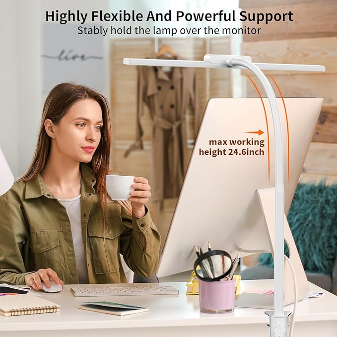 KableRika Desk Lamp,Led Desk Lamps with Clamp,Architect Desk Lights for Home Office Desktop Office Lamp 4-Brightness 4-Color Eye Care Overhead Table Lamp for Computer Monitor Study Reading White