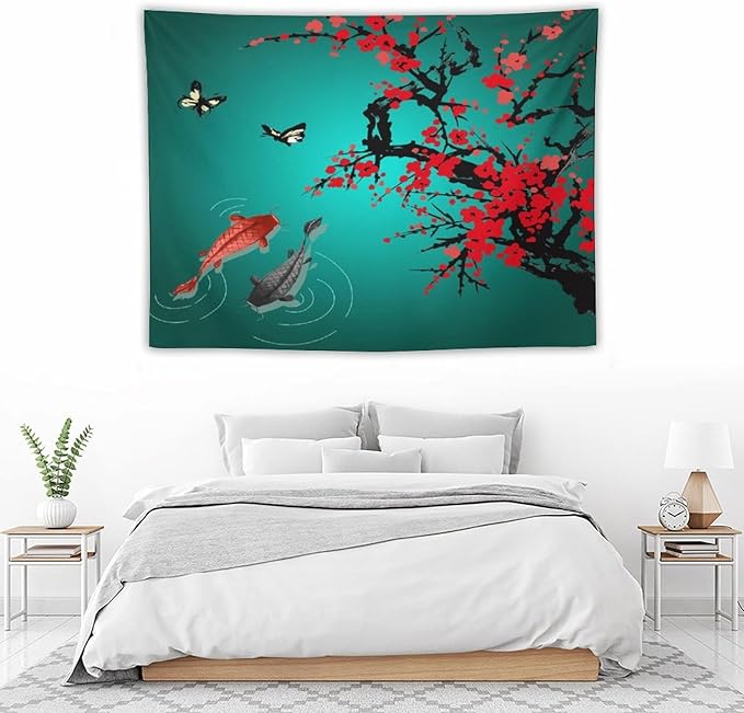 Japanese Koi Fish Tapestry, Cherry Blossoms Asian Oriental Green Teal Floral Branch Koi Fish Carp Tapestries Wall Hanging for Bedroom Living Room Office Decor 40"x30"
