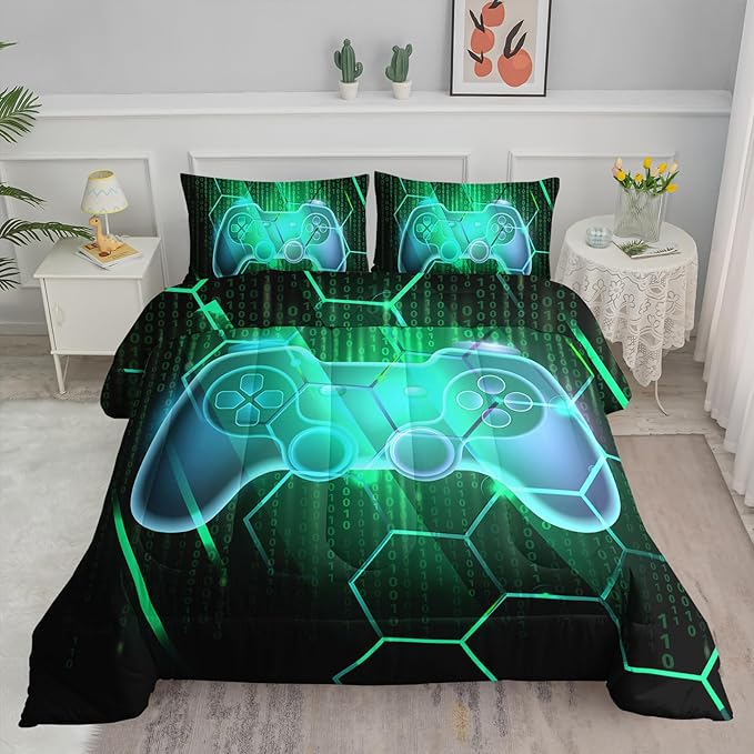 Axolotl Gamepad Comforter Set Full Size,Number Video Gaming Gamer Bedding Set,Boys Game Console Comforter Set,Geometry Hexagonal Bedding Set for Teens Men Adults,1 Quilt 2 Pillowcases,Green Black