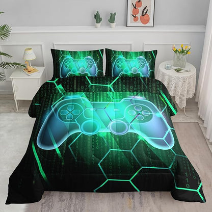 Axolotl Gamepad Comforter Set Queen Size,Number Video Gaming Gamer Bedding Set,Boys Game Console Comforter Set,Geometry Hexagonal Bedding Set for Teens Men Adults,1 Quilt 2 Pillowcases,Green Black