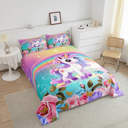 Cartoon Unicorn Kids Comforter Set Full Size,Roses Flowers Butterfly Princess Bedding Set,Girls Women Room Decor,Rainbow Unicorn Cute Down Comforter,Pink Blue Romantic Duvet Insert,2 Pillowcases