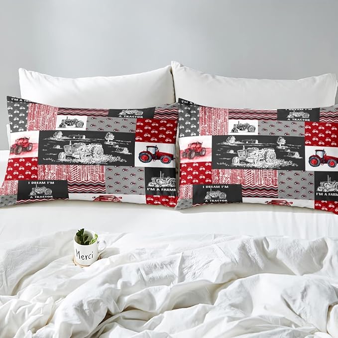 Erosebridal Red Tractor Bedding Set for Boys Twin,Construction Tractor Comforter Set Kids Teens Equipment Trucks Down Comforter Black White Construction Vehicle Quilt Set Bedroom Decor