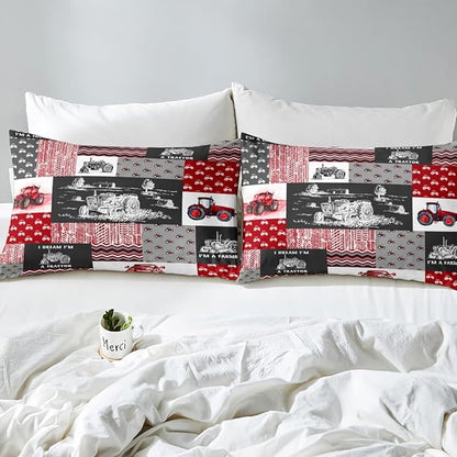 Erosebridal Red Tractor Bedding Set for Boys Twin,Construction Tractor Comforter Set Kids Teens Equipment Trucks Down Comforter Black White Construction Vehicle Quilt Set Bedroom Decor