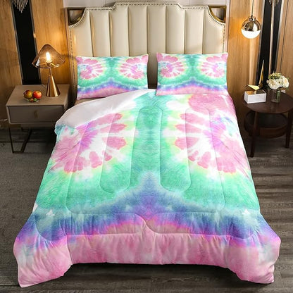 Erosebridal Kids Tie Dye Comforter Set, Bohemian Psychedelic Duvet Sets Full Size for Girls Boys Teens Women Bedroom, Boho Gypsy Spiral Bedding Set Watercolor Trippy Duvet Insert, Pink Teal Blue