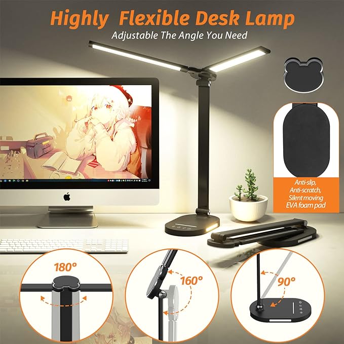LED Desk Lamps for Home Office, Dual Swing Arm Desk Light, Dimmable Desk Lamp with USB Charging Port, Office Lamp with Night Light, 1H Timer, 5 Color Modes 5 Brightness Levels, Eye-Caring Table Lamp