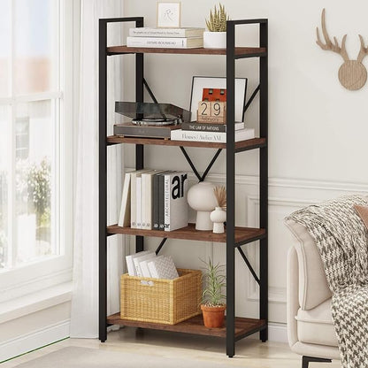 BON AUGURE Industrial 4 Tier Bookshelf, Modern Open Etagere Bookcase, Wood Metal Vintage Shelving Unit for Office Bedroom and Living Room (Rustic Oak)