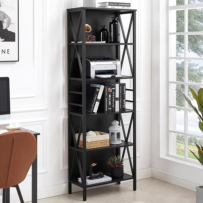 HOMISSUE Bookshelf, 6-Tier Bookshelf, Rustic Wood Metal Bookshelves and Bookcases, Freestanding Open Bookshelf, Industrial Tall Bookcase for Home Office, Living Room and Bedroom, Black