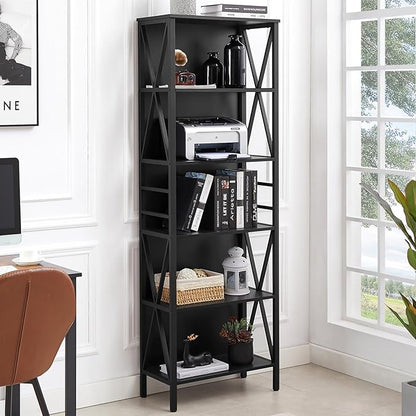 HOMISSUE Bookshelf, 6-Tier Bookshelf, Rustic Wood Metal Bookshelves and Bookcases, Freestanding Open Bookshelf, Industrial Tall Bookcase for Home Office, Living Room and Bedroom, Black