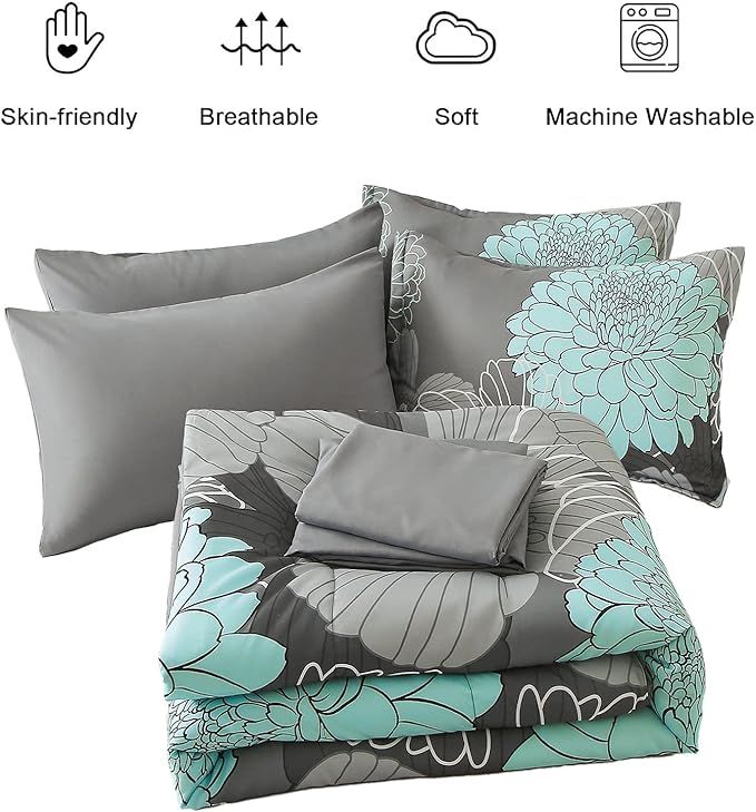 Yiran 7 Pieces Bed in a Bag Floral Comforter Set Green Flowers Bedding Set Soft Microfiber King Comforter Sets with 1 Comforter 1 Flat Sheet 1 Fitted Sheet 2 Pillowshams and 2 Pillowcases