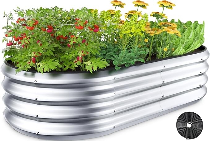 Raised Garden Bed Kit, 4x2x1 ft Galvanized Planter Box Outdoor with Safety Edging, Large Metal Raised Beds for Gardening Vegetables Flower Herb (Classic Silver)