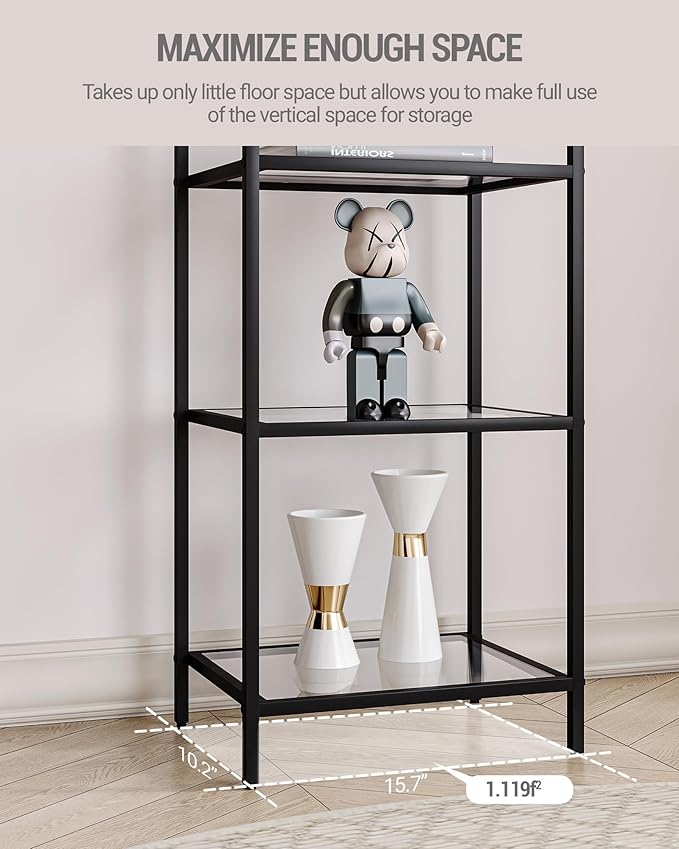 Bookcase Bookshelf, Tempered Glass Bookshelves, Slim Shelving Unit for Bedroom, Bathroom, Home Office, Steel Frame, 6 Tier Black BC10601B