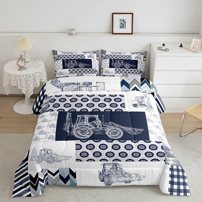 Feelyou Kids Construction Comforter Set Queen Size Equipment Trucks Bedding Set for Boys Cartoon Car Excavator Tractor Comforter Construction Vehicles Plaid Grid Blue and White Duvet Set