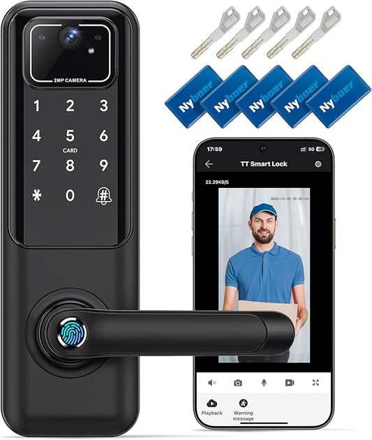 WiFi Video Smart Door Lock: Fingerprint Door Lock with Camera- Keyless Entry Door Lock with Handle - Electronic Digital Door Lock with Keypad - WiFi Smart Lock for Front Door, Black, H3 Pro
