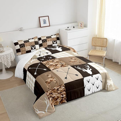 Kids Deer Antler Animal Comforter Set King Size,Brown Camo Xmas Bedding Set,Girls Boys Adults Bedroom/Cabin Decor,Plaid Patchwork Vintage Down Comforter,Boho Arrows Duvet Insert,3pcs,2 Pillowcases