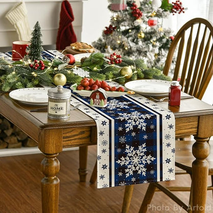 Artoid Mode Buffalo Plaid Snowflakes Blue Christmas Table Runner, Seasonal Winter Kitchen Dining Table Decoration for Home Party Decor 13x120 Inch