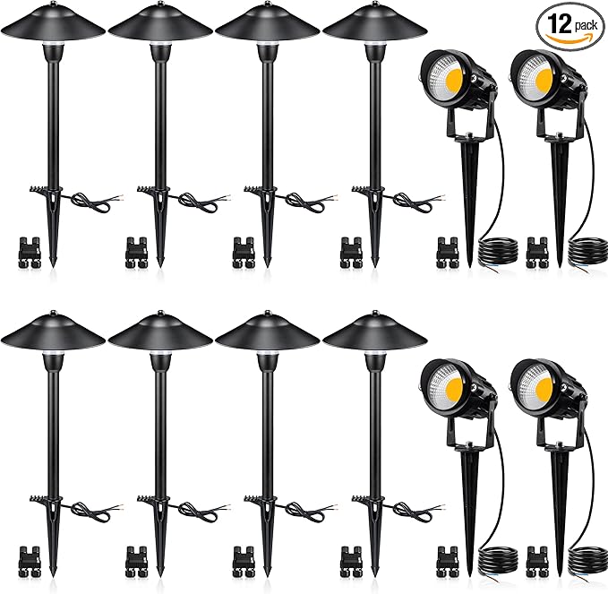 SUNVIE LED Low Voltage Landscape Lighting 12V Landscape Lighting Kit with Connectors, Low Voltage Pathway Lights with Spotlights Aluminum Pathway Lights Wired Waterproof for Patio Yard Garden, 12 Pack