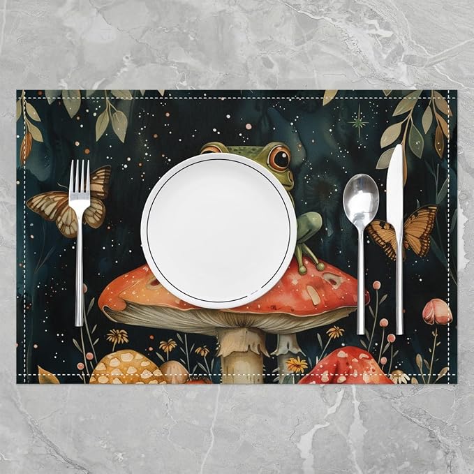 Feelyou Frog Placemats Set of 4 Cute MushKitchen Dining Table Placemats for Dining Table Indoor Outdoor Kitchen 12"x18" Cartoon Mushrooms Table Mats Placemat Kawaii Decor Table Place Mats Animal Print