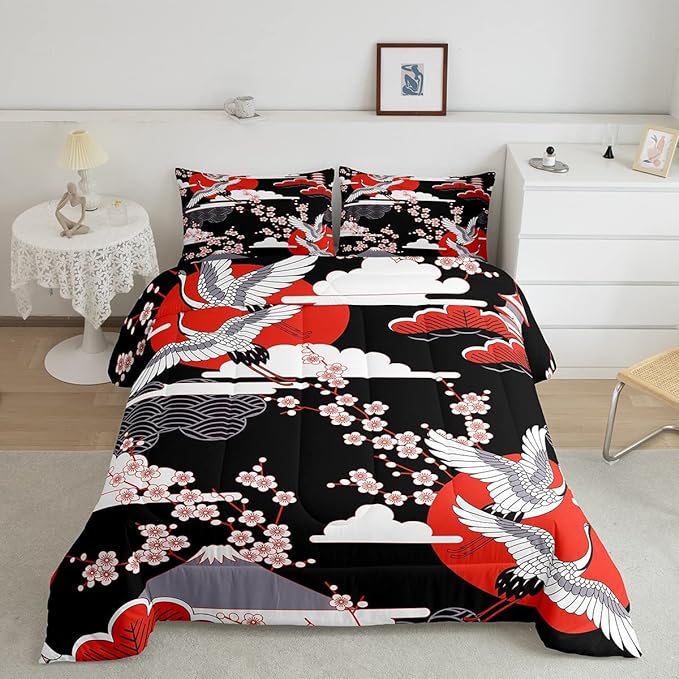 Japanese-Style Comforter Set Queen Size Crane Printed Cherry Blossoms Decor Down Comforter, for Adult Women Girls Teens Japanese Traditional Pattern Quilted Duvet Ukiyoe Theme Bedding Comforter