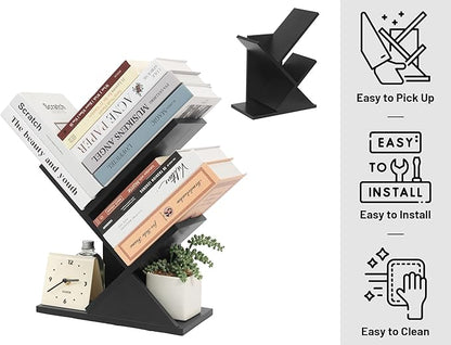 Labcosi 2 Tier Tree Bookshelf, Small Bookshelf for Storing Books/CDs, Wood Book Organizer Shelves for Home Office, Bedroom, Living Room, Black