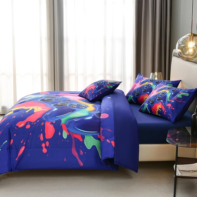 Full Size Gamer Comforter Set for Boys, Game Controller 6 Pcs Bed in a Bag Full Gaming Bediing Set for Boys Kids