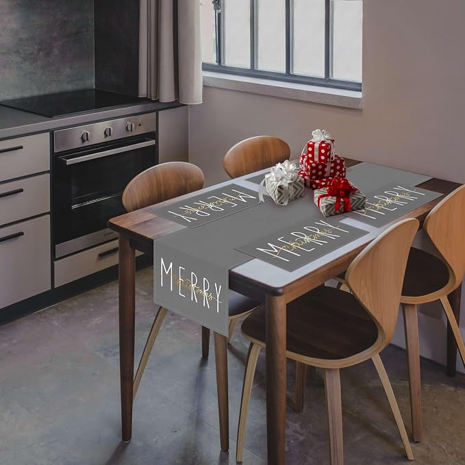 ONWAY Merry Christmas Gold Table Runner Winter Xmas Holiday Kitchen Dining Farmhouse Table Decor for Indoor Outdoor Home Party Decorations 13x72 Inch Grey