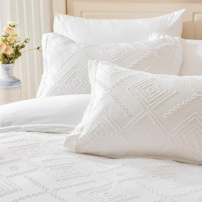 EMME Queen Comforter Set - 7 Pcs White Boho Bedding Sets, Full Size Tufted Comforter with Sheets, Shabby Chic Embroidery Bed Set Fluffy Bed Bag for All Season(90"X90")