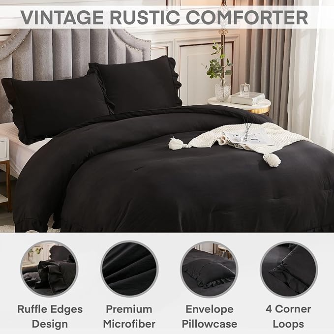 Andency California King Comforter Set Black (104x96Inch), 3 Pieces Cal King Ruffle Comforter, Oversized Farmhouse Shabby Chic Bed Comforter, Lighteweight and Soft Microfiber Bedding Set
