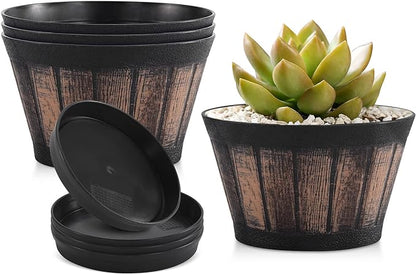 Quarut 6 inch Brown Barrel Planters with Drainage Holes & Saucer, Set of 4, Indoor & Outdoor Garden Home Plants