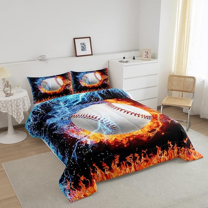 Baseball Comforter Set Full Size Sports Theme Down Comforter Kids Teens Boys Fire and Ice Sports Baseball Quilted Duvet,Decoration 3 Pcs Bedding Comforters (1 Comforter Set +2 Pillowcases) Red Blue