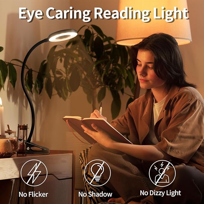 LQWELL® LED Desk Lamp Clip-on Ring Reading Light, 3 Color Temperatures, 10 Brightness Levels & Stepless Dimming, 360° Flexible Clamp Table Lights for Home Office (Neck Length 70CM)