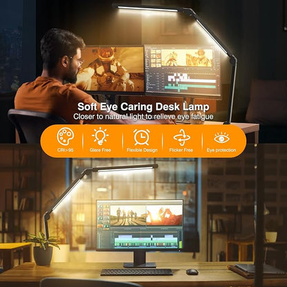 LED Desk Lamp with Clip, Multi-Angle Flexible 3-Segment 2-Light Source Office Desk Lamp, Clip-on Eye-Care 4 Color Temperature Modes&5 Brightness, Table Lamp for Home Office Studio Study Nail