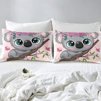 Erosebridal Cartoon Koala Comforter Set Twin Size, Cute Koala Bedding Set, Cherry Blossom Rose Quilted Duvet for Kids Baby Toddler, Nursery Quilt Set, Butterfly Branch Leaves Duvet Set