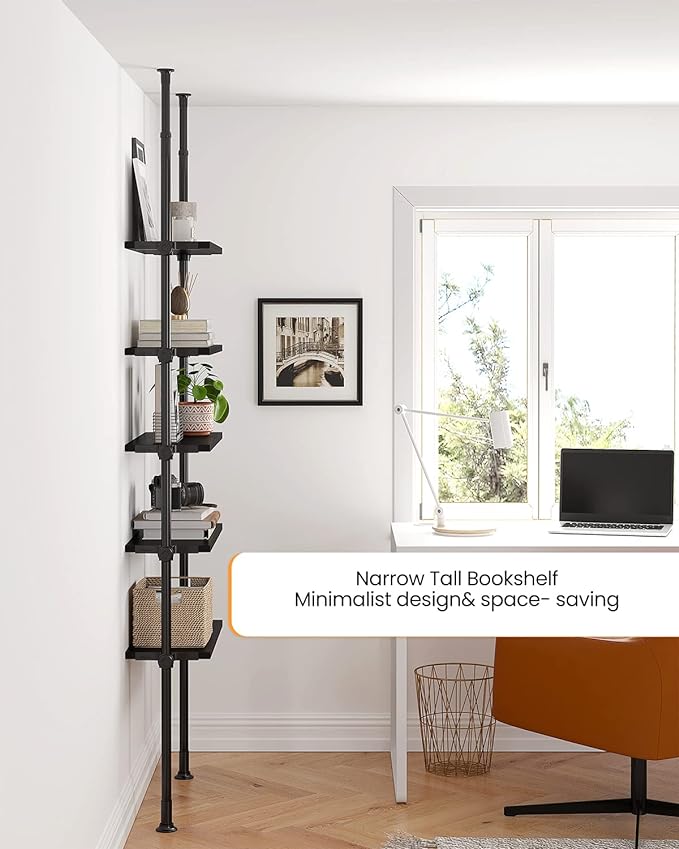 ALLZONE 5 Tiers Narrow Bookshelf, Tall Adjustable Ladder Book Shelf with Open Storage, Floor to Ceiling Tension Mount, Wooden Industrial Bookcase for Living Room, 92 to 116 Inch, Black