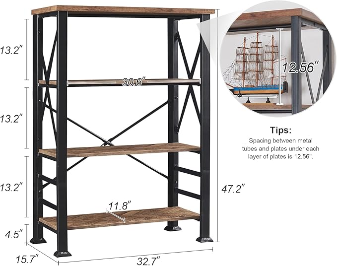 HOMBAZAAR Bookshelf, 4-Tier Industrial Bookshelf, Etagere Bookcases and Bookshelves, Tall Bookshelf Storage Organizer, Freestanding Bookshelf for Living Room, Bedroom and Home Office, Brown