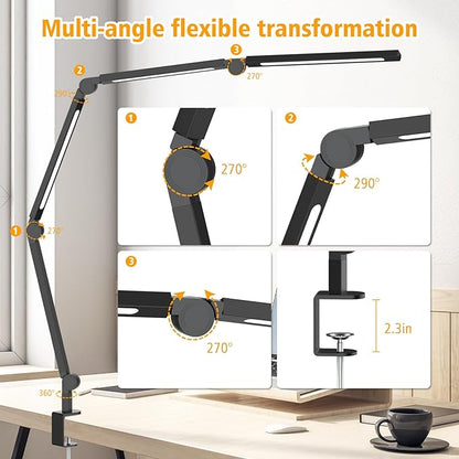 LED Desk Lamp with Clamp,Adjustable Swing Arm Desk Lamps for Home Office,Dimmable Tempering Eye Care Desk Light,Bright Modern Led Table Lamp for Nail Tech Architect,Flexible Tall Task Table Light
