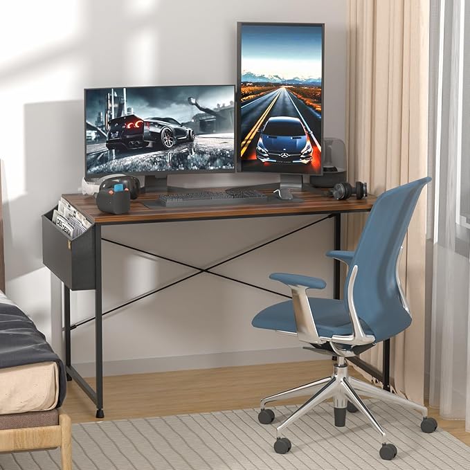 MoNiBloom 47 Inches Computer Desk with Storage Bag, Study Work Writing Table w/Metal Frame for Home Office, Walnut Color