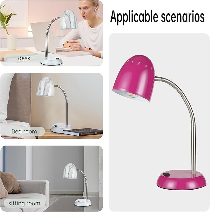 Eye-Caring Table Lamp of Simple Designs Home E26 Led Screw Basic Metal Desk Lamp with Flexible Gooseneck Hose Neck Study Lamp for Bedroom Office Living Room Convenient On/Off Switch (Purple)