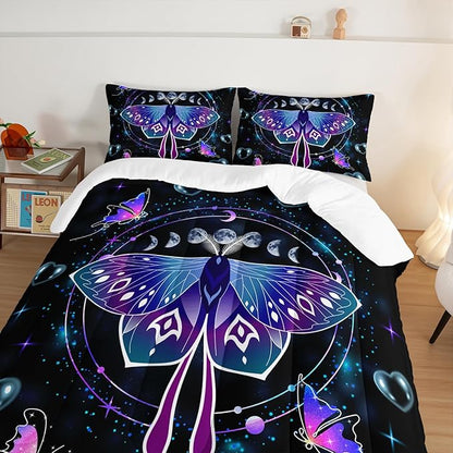 HOSIMA Butterfly Comforter Set with 2 Pillowcases,Moon Starry Sky Galaxy Comforter Butterfly Room Decor Aesthetics,Blue Heart -Shaped Bubble Twin Bed in A Bag Sets for Adults Kids Black Comforter.